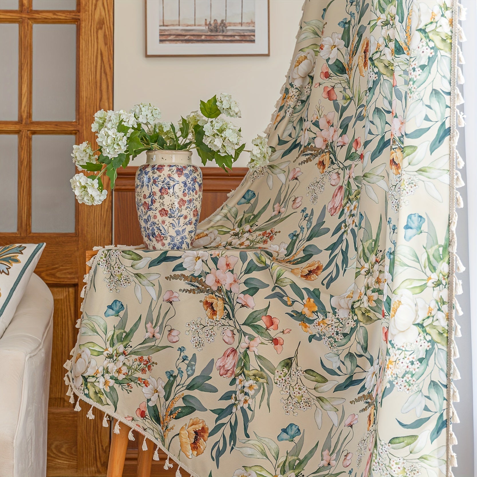 Multicolor Boho Farmhouse Curtains with Floral Design and Tassels for Privacy
