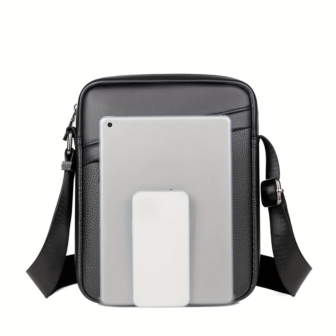 Men's Black Crossbody Bag with Adjustable Strap and Lychee Texture for Travel and Casual Use