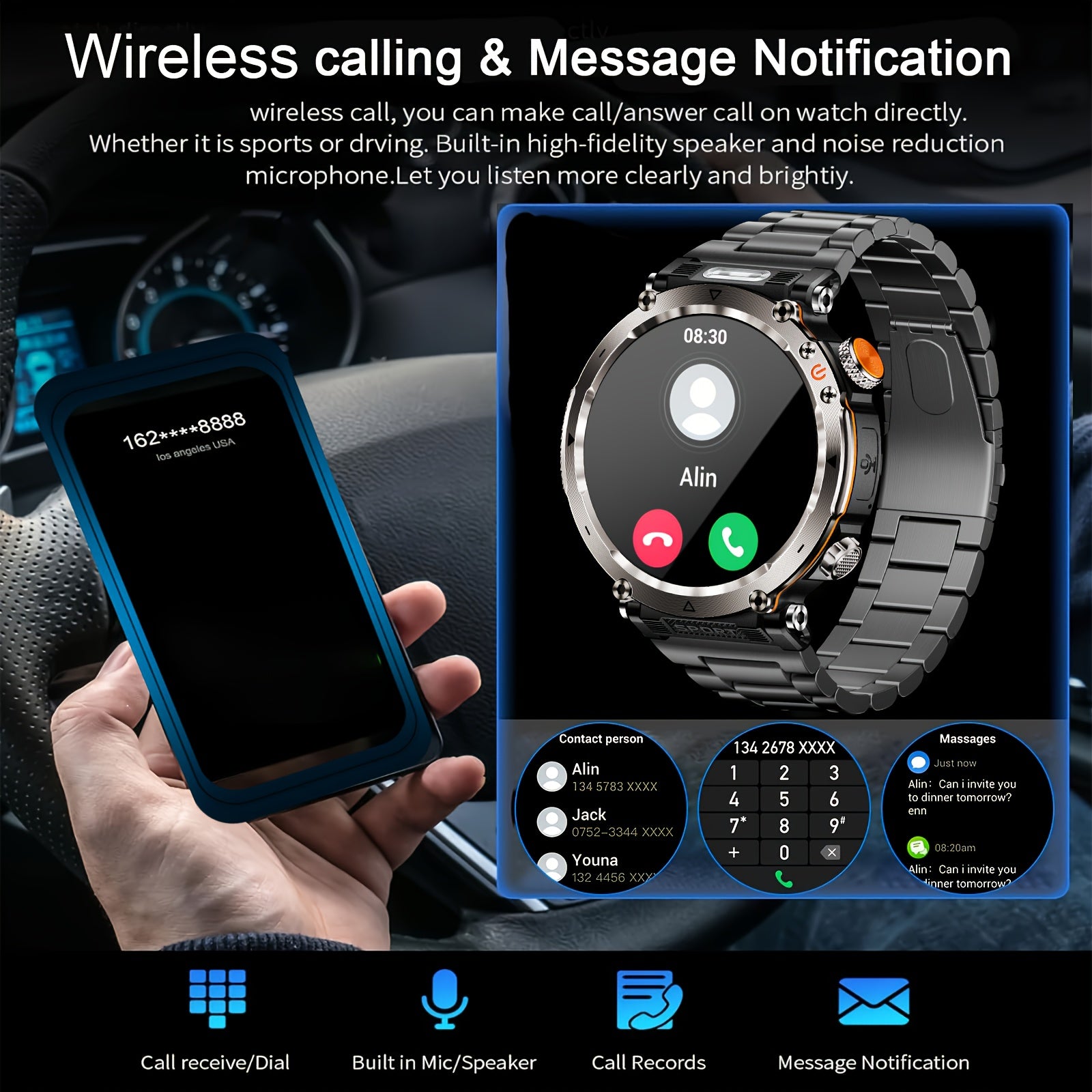 Men's Outdoor 1.7 Inch Smartwatch with IP68 Waterproof 5.0 Wireless 100+ Sports Modes