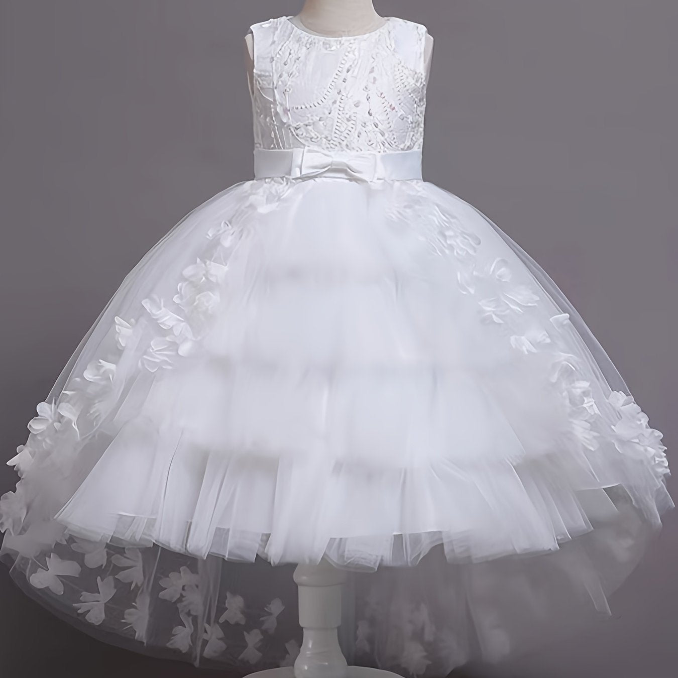 Girls Navy Blue Floral Princess Dress Sleeveless Midi Sequin Beaded Tulle for Special Occasions