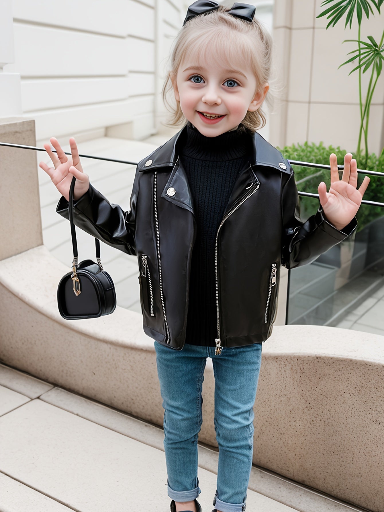 Молодежная полиэстеровая куртка из ПУ однотонного цвета с лацканами, на пуговицах, свободного кроя для весны/осени.