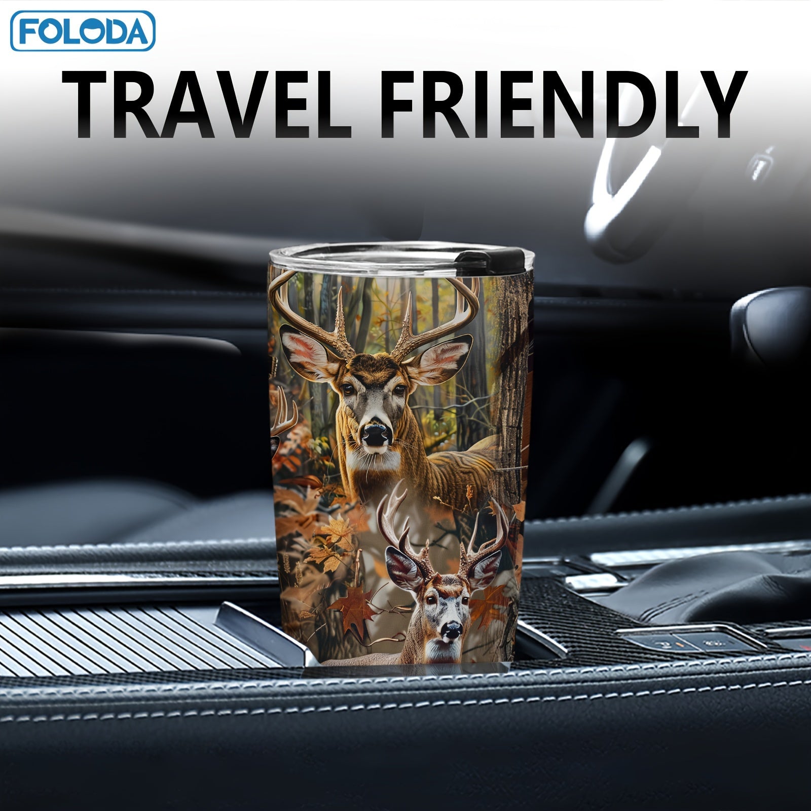 20oz zanglamaydigan po'latdan yasalgan kiyik oviga sayohat mug, qopqoq bilan, kuz o'rmoni dizayni, ovchilar uchun sovg'a, otaga