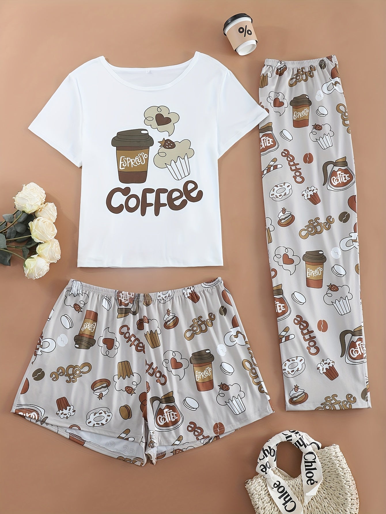 Plus Size Women’s Coffee Print Pajama Set Knit Polyester Elastane Sleepwear