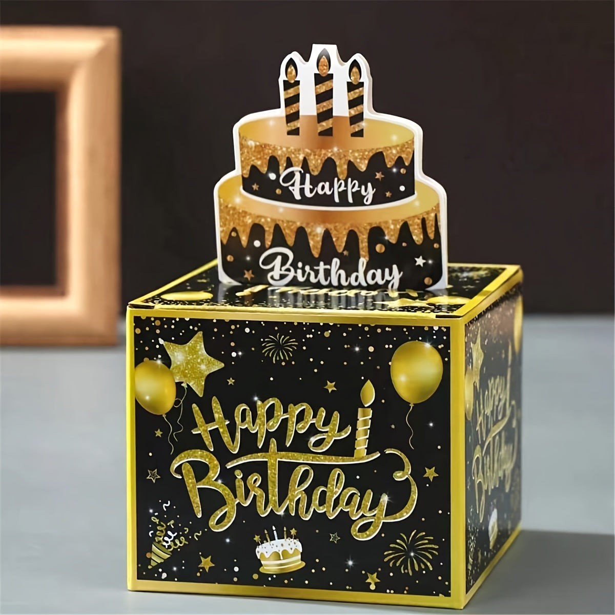 Caja de regalo extraíble para dinero de cumpleaños en negro y dorado con tarjeta de pastel para celebraciones
