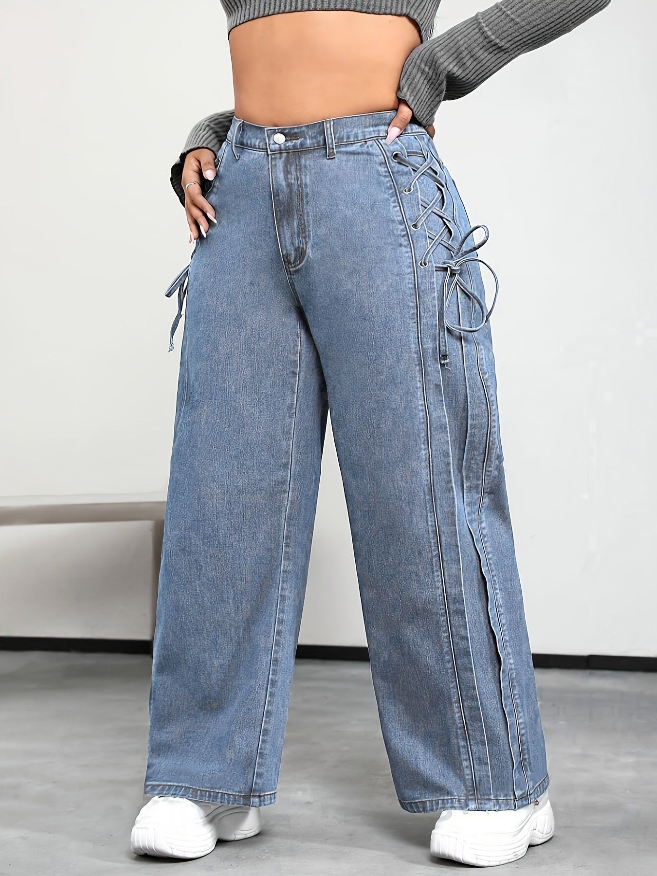 Plus Size Women's Wide Leg Casual Jeans With Side Tie Elastic Waist