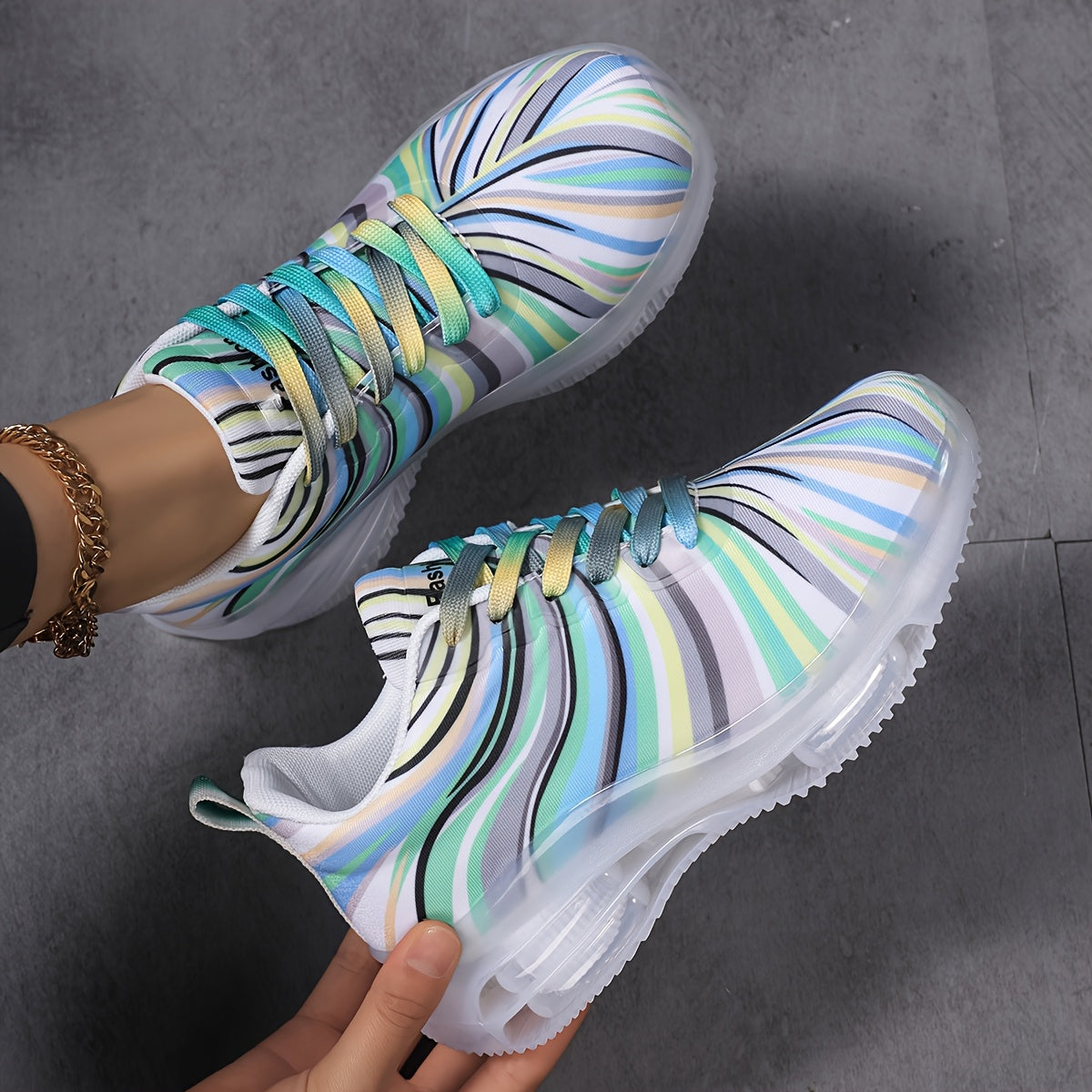Women’s Rainbow Striped Mesh Sneakers Low-Top Casual Shoes Breathable Flexible