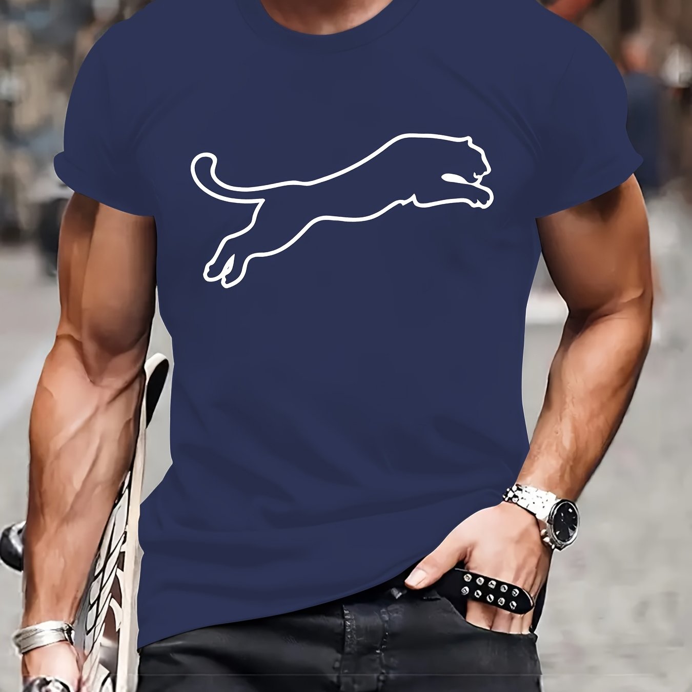 Men's Polyester Leopard Print Casual T-Shirt with Crew Neck Summer Fit