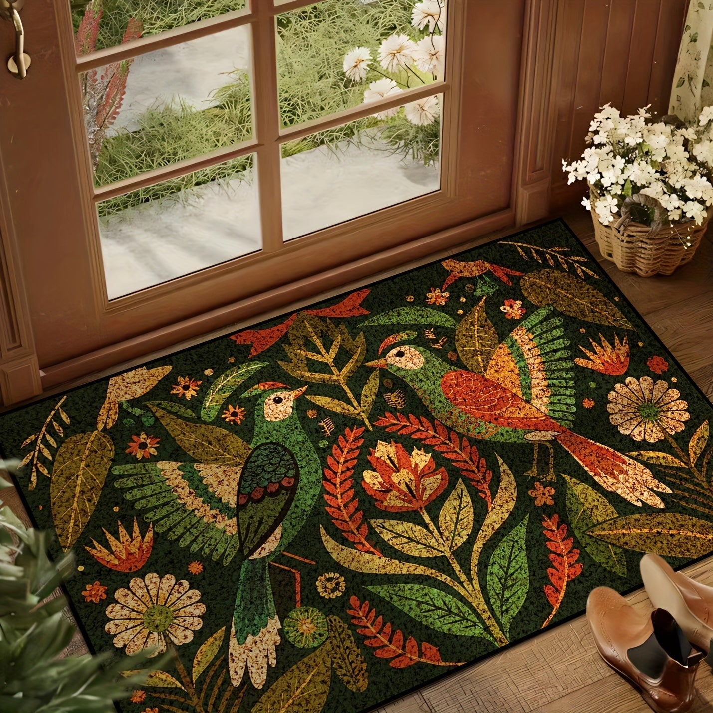 Green Bird Door Mat Non-Slip Washable Wear-Resistant Entryway Rug
