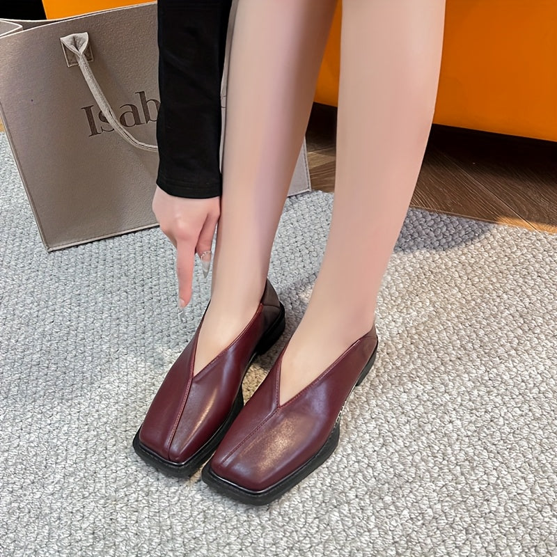 Women's Burgundy Square-Toe Slip-On Flats Lightweight Comfortable Casual Shoes