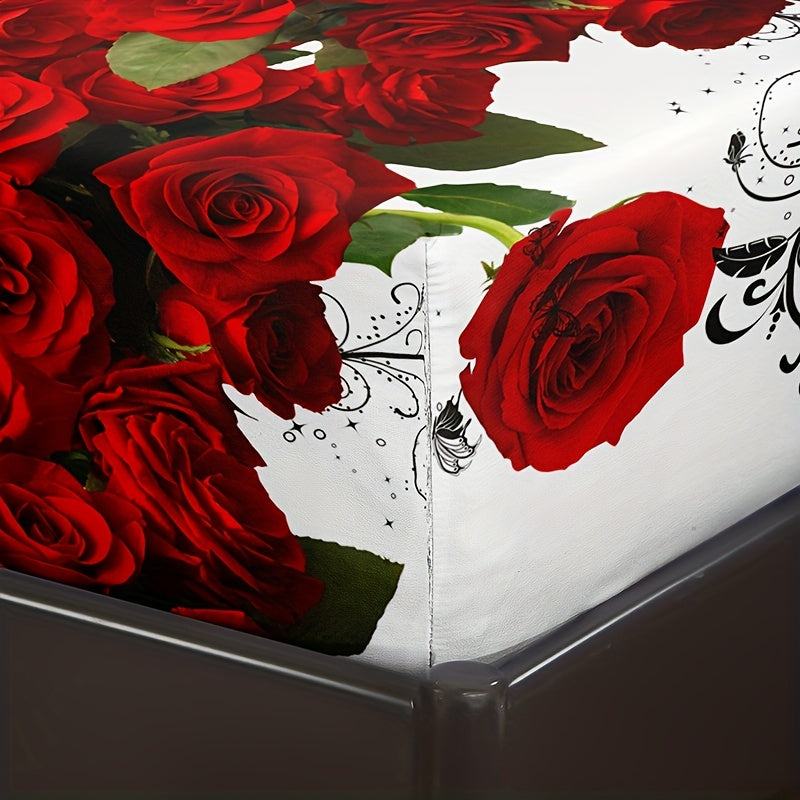 Комплект приталенных простыней с принтом красной розы, 3 предмета, мягкое дышащее постельное белье для спальни