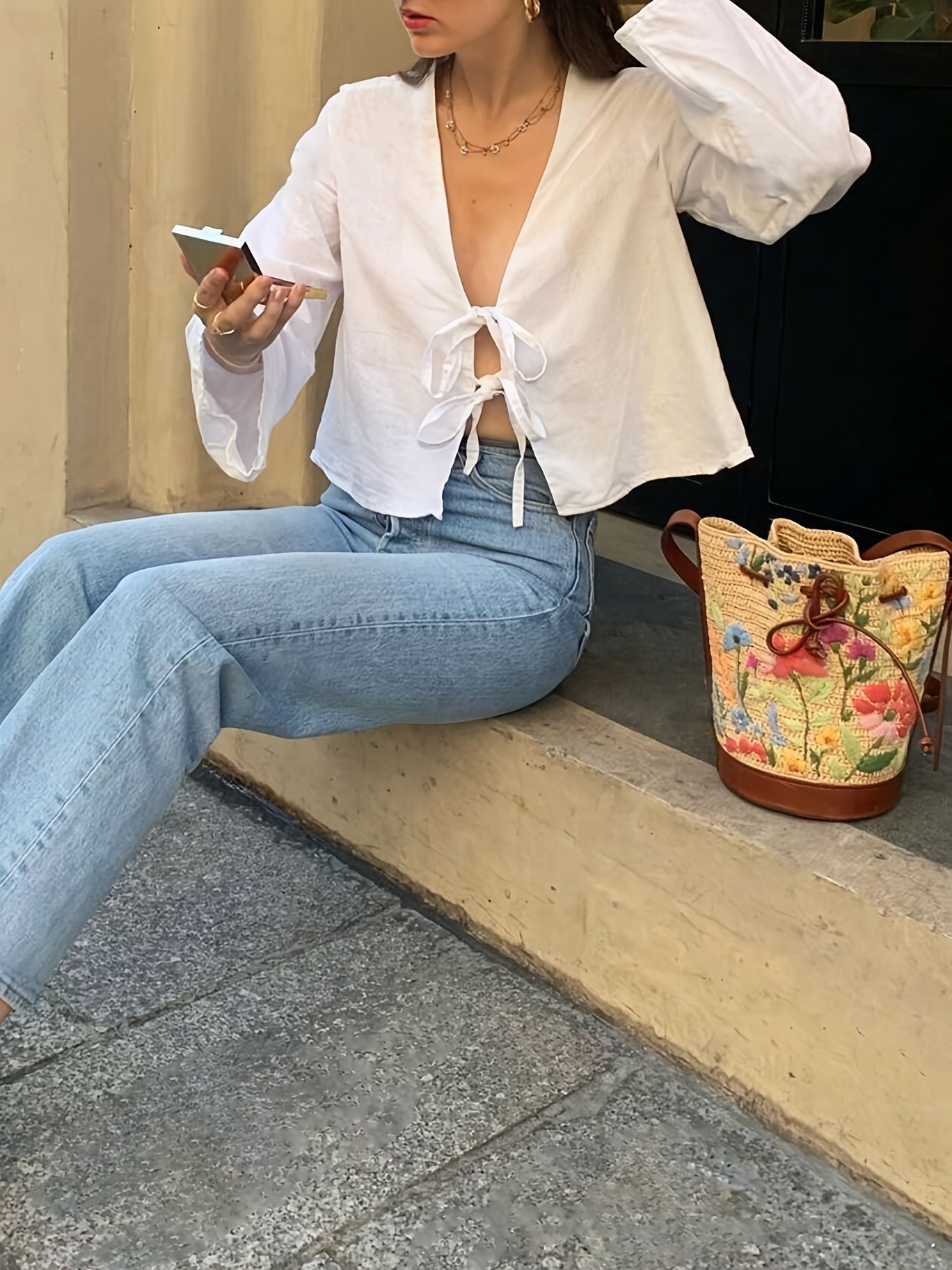 Women's V-Neck Tie Front Polyester Shirt Solid Color Spring Fall Adult Sizes