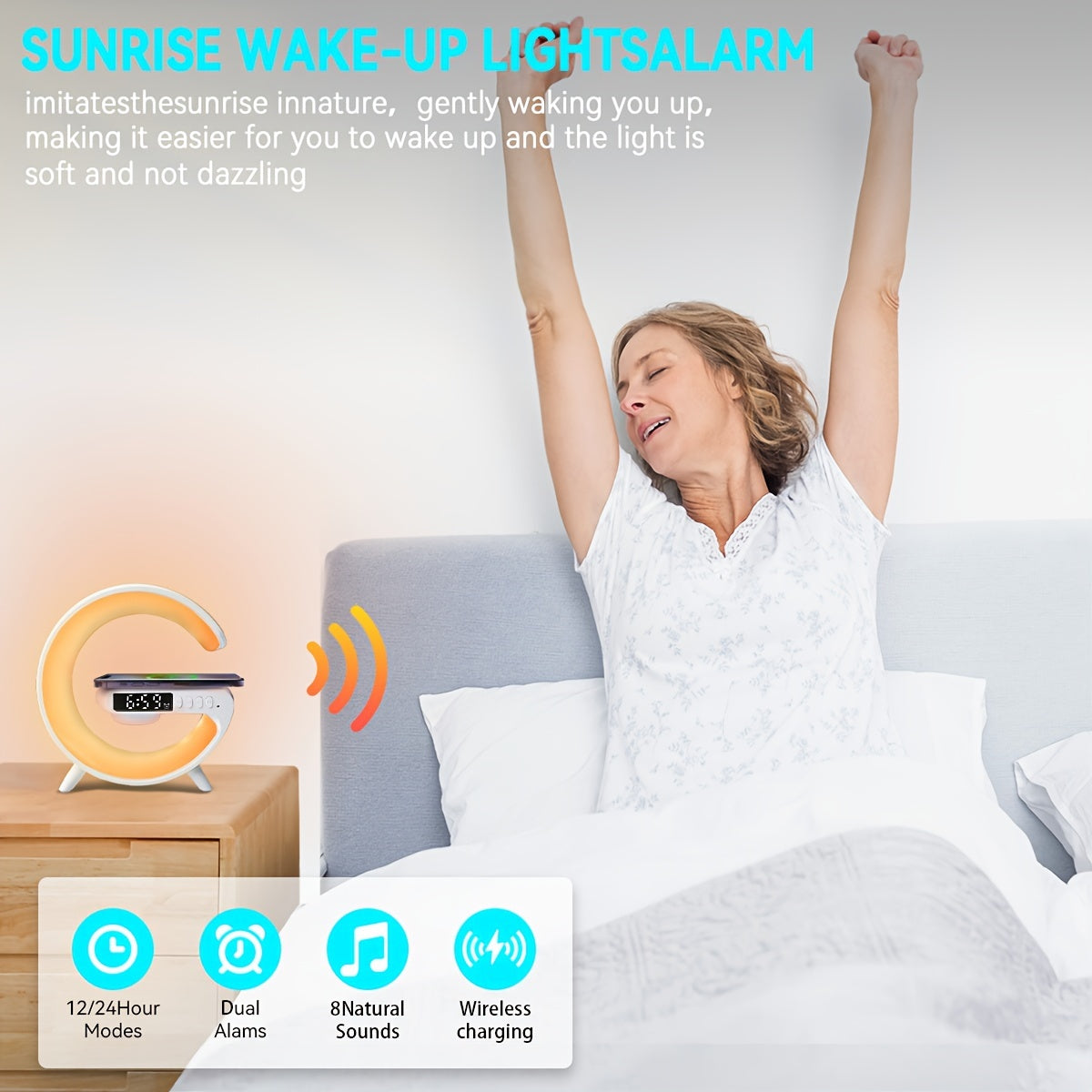 15W Wireless Speaker Lamp with Fast Charging RGB Light Sunrise Alarm Dimmable Table Light