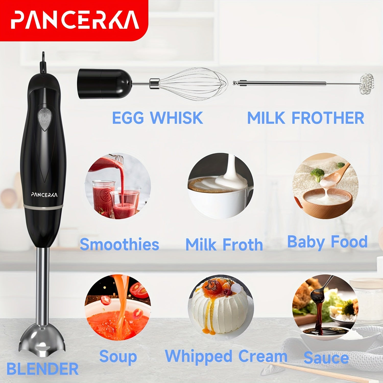 100W Hand Blender Set with Copper Motor Stainless Steel Blades Whisk Frother for Soups Smoothies