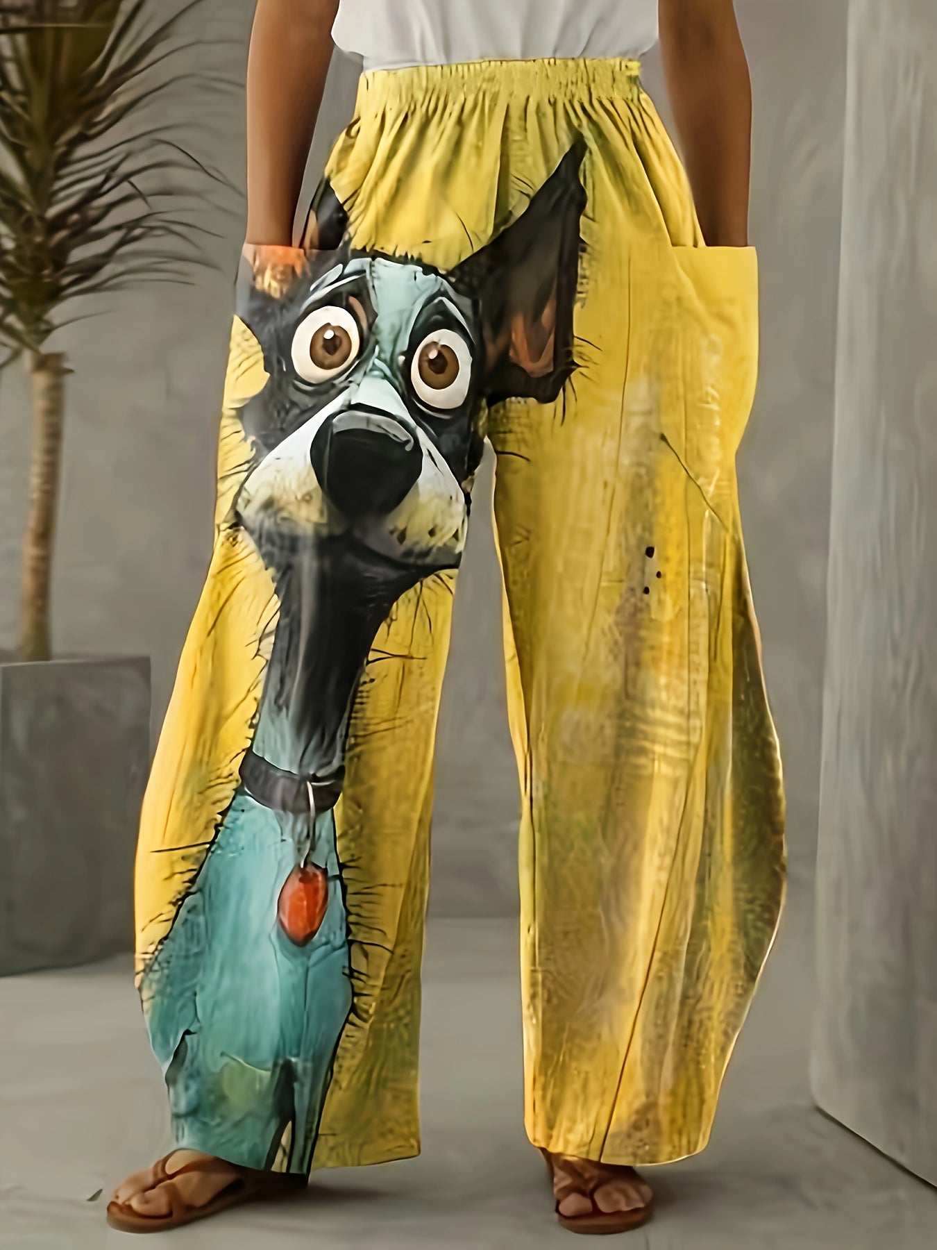 Pantalones holgados de mujer de talla grande con estampado de perro, pantalones casuales de cintura elástica