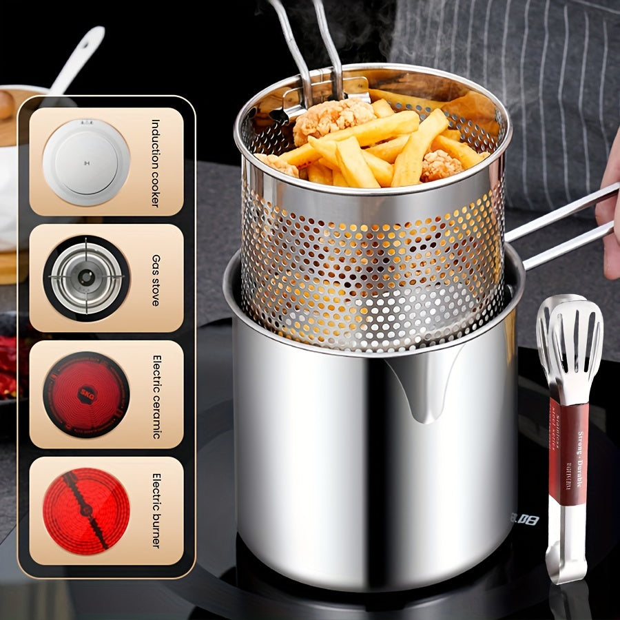 Deep fryer pot 1.2L stainless steel with drain basket lid tongs for home camping