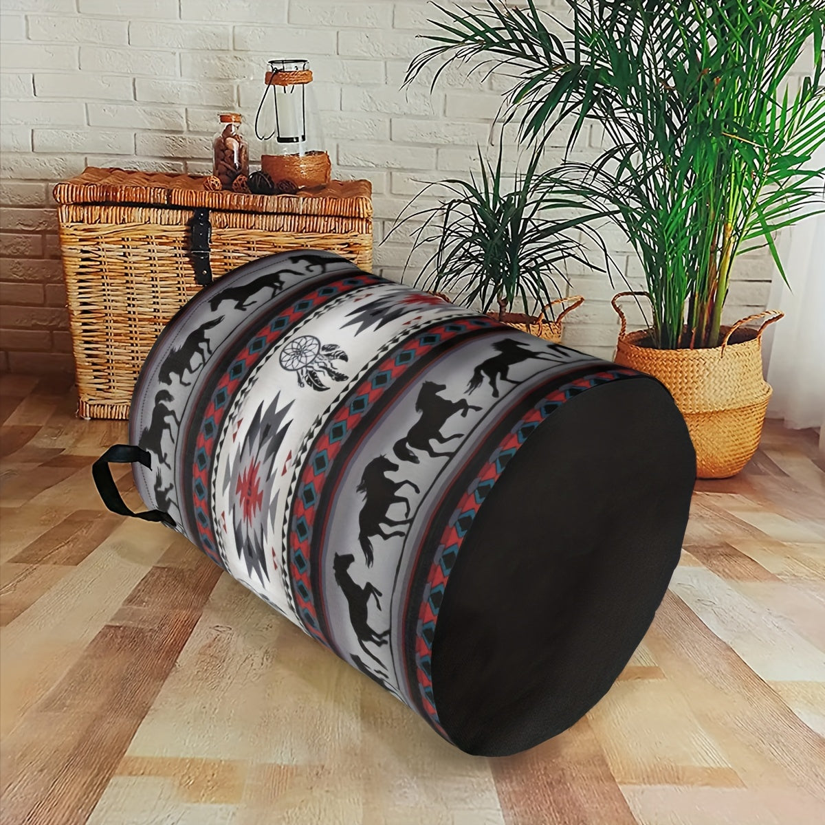 Large Capacity Foldable Laundry Basket with Handles Galloping Horse Pattern Polyester Round Hamper for Toy Storage 42x35 cm