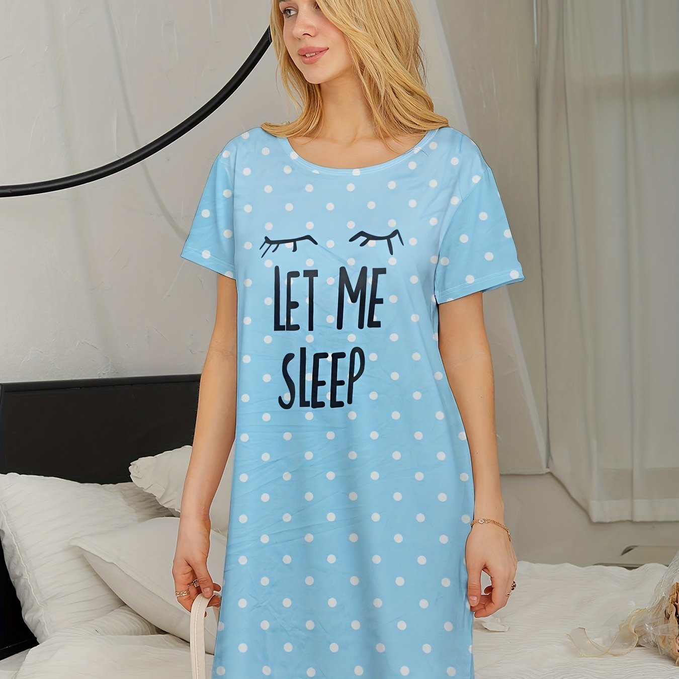 Pink Polka Dot Women's Nightgown Short Sleeve Round Neck Summer Sleep Dress Polyester Elastane