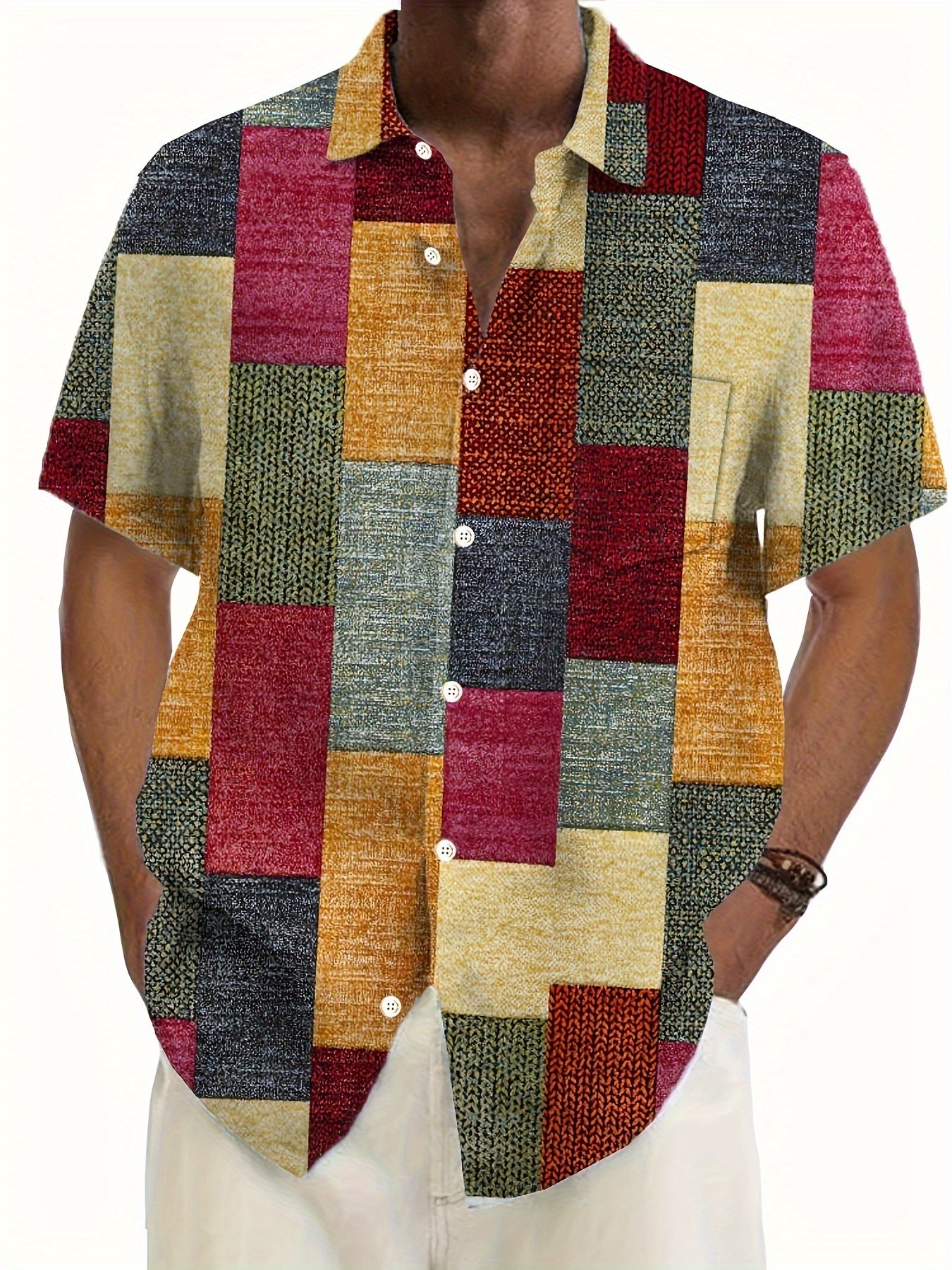 Erkaklar uchun Katta Tugmachali Cho'ntakli Ko'ylak, Retro Geometrik Print bilan