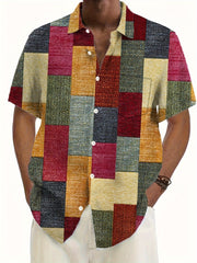 Erkaklar uchun Katta Tugmachali Cho'ntakli Ko'ylak, Retro Geometrik Print bilan