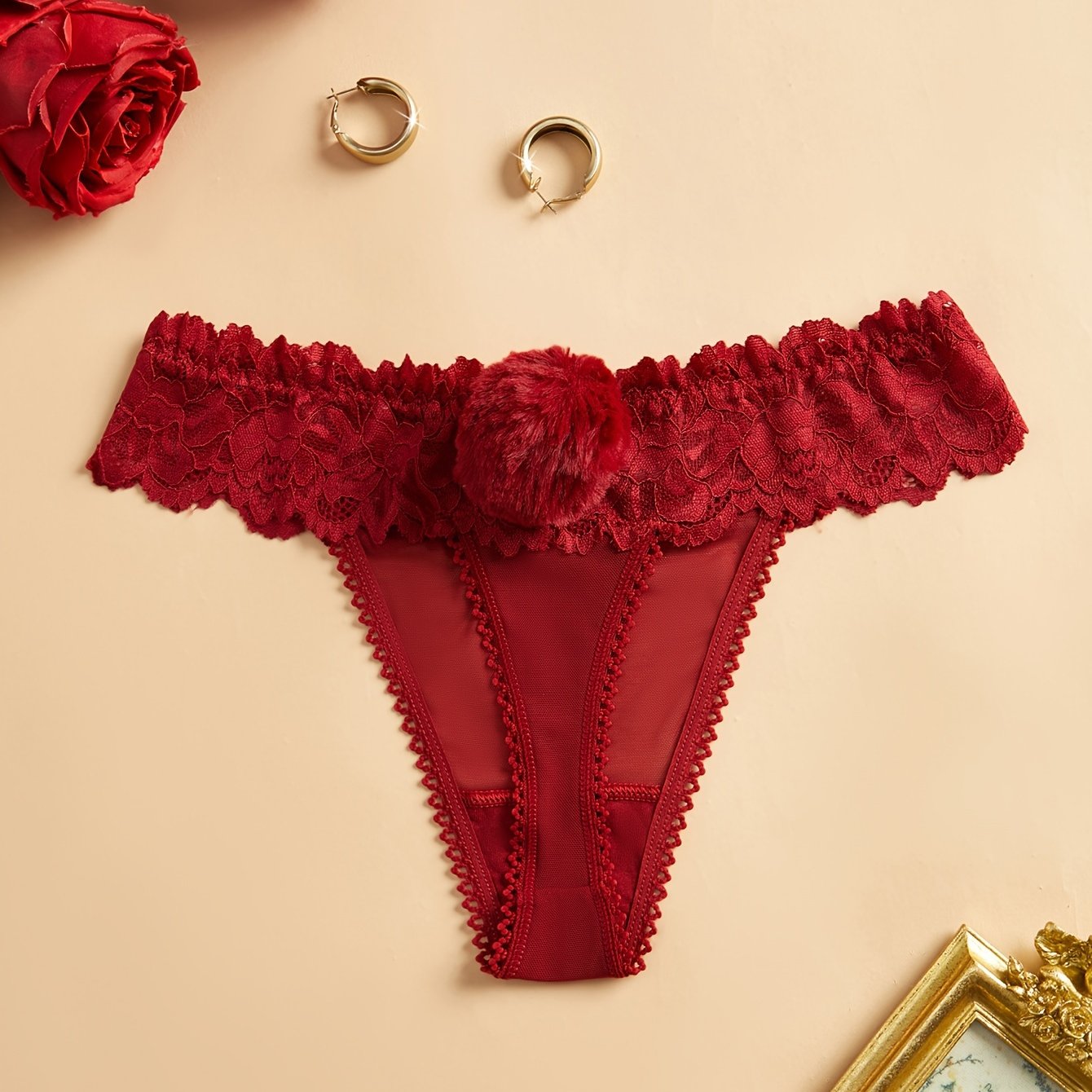 Women's Lace Panties with Removable Pom-Pom and Bunny Tail, Solid Color, Mid-Waist Polyester Lingerie