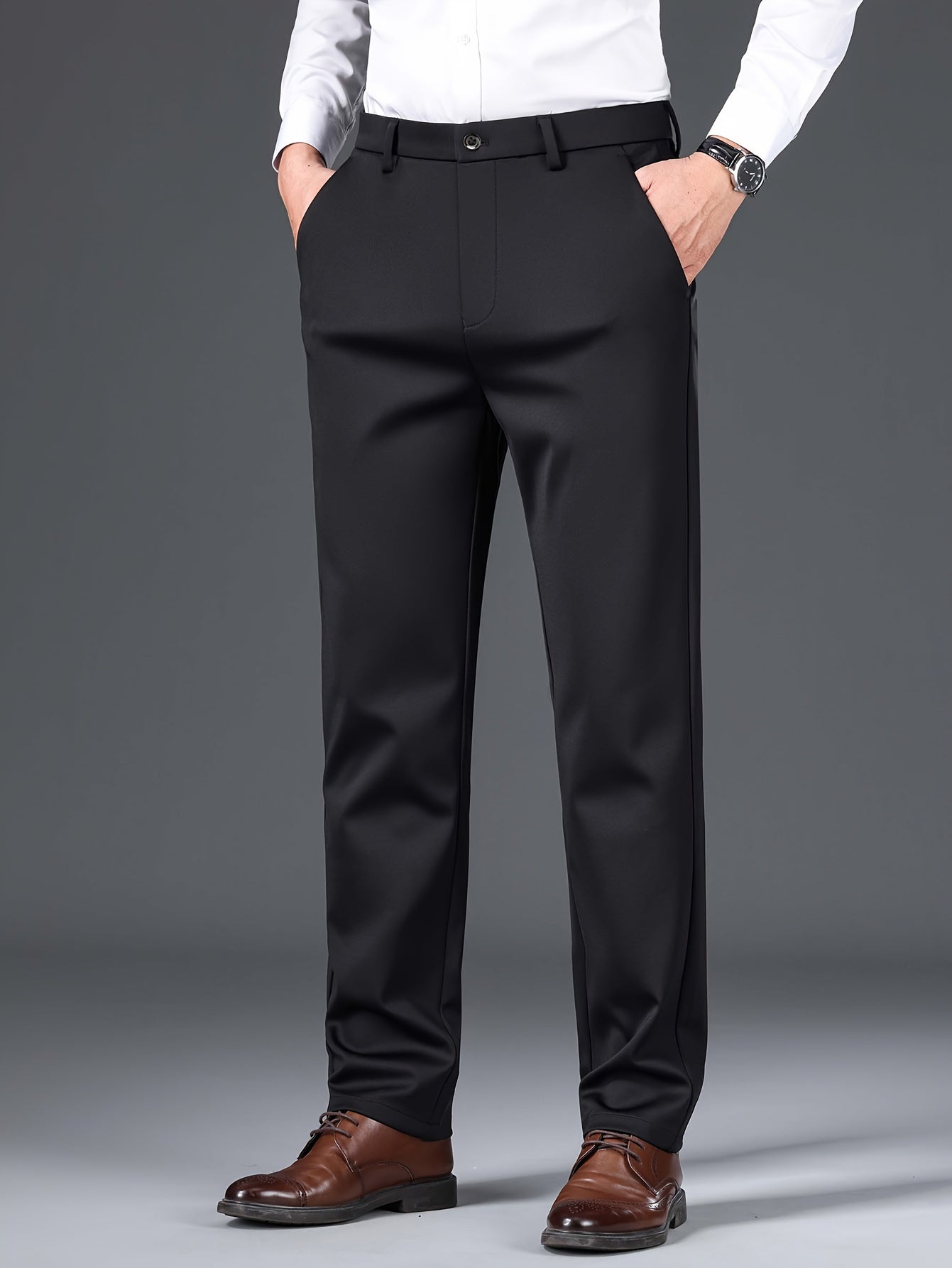 Men's Elastic Casual Pants Summer Wrinkle-Free Polyester Skinny Fit Belted