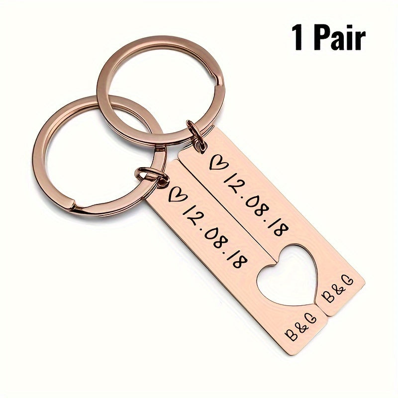 Personalized Stainless Steel Couple Keychains with Date for Anniversary or Birthday