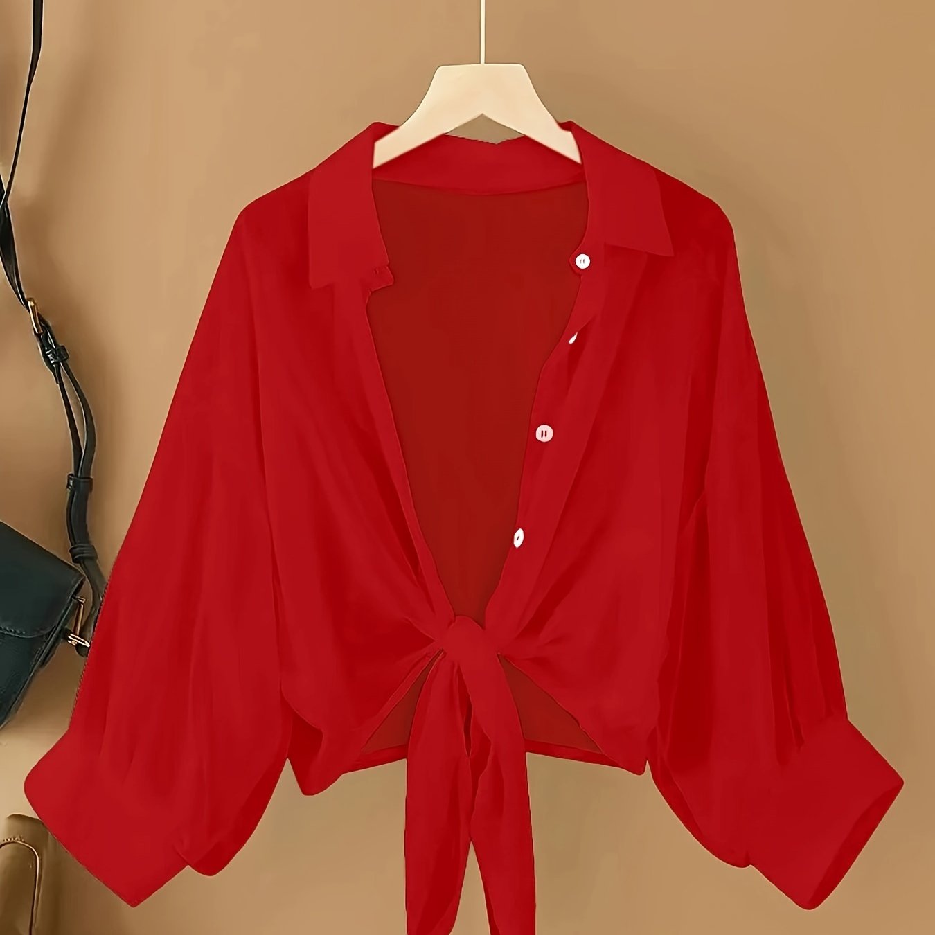 Women's Woven Chiffon Cardigan with Front Bow, Lapel Collar, Solid Color, Spring Summer Fall Casual