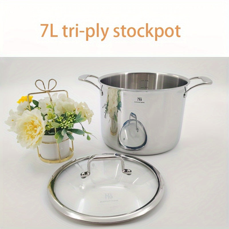 7L Stainless Steel Stockpot with Glass Lid, Deep Cooking Pot for Gas Induction Electric Stovetops
