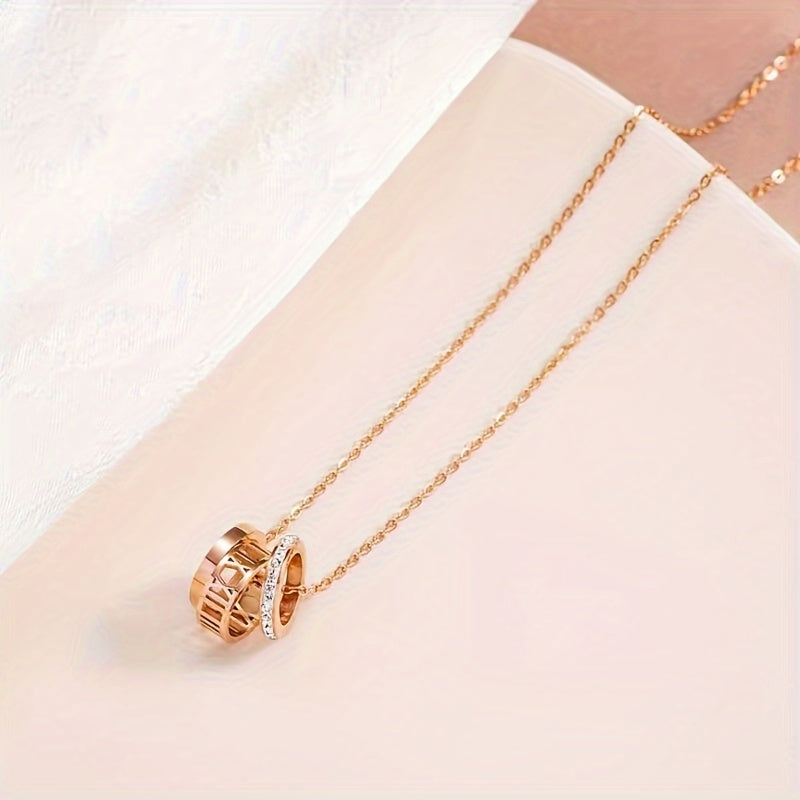 Women’s Gold Plated Necklace with Roman Numerals and Cubic Zirconia Stainless Steel Jewelry