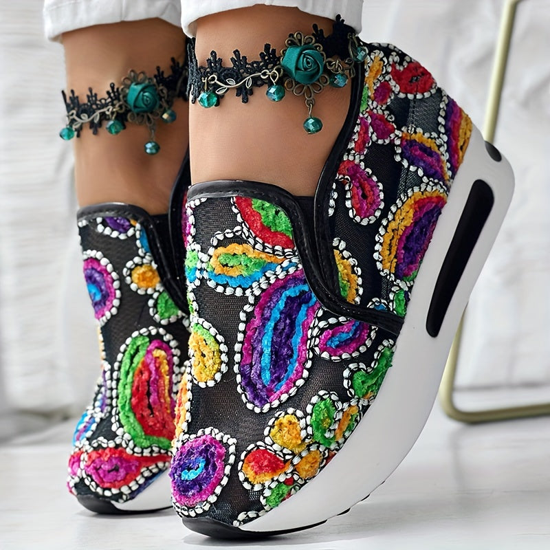 Women’s Colorful Embroidered Floral Slip-On Sneakers Breathable Fabric
