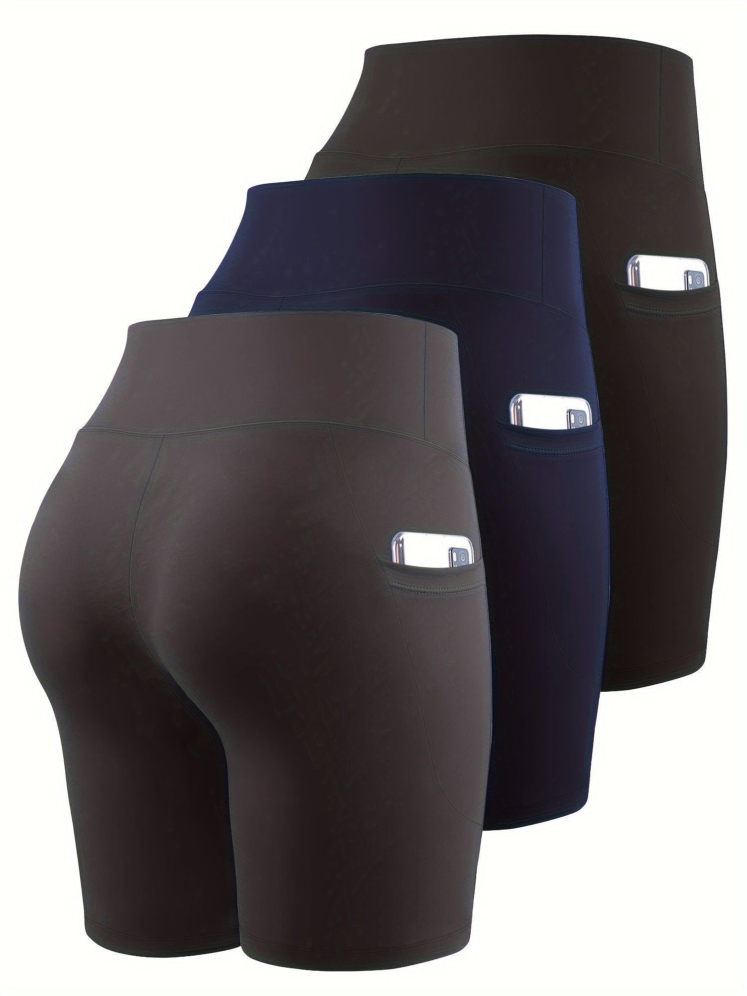 Ayollar uchun kattaroq o'lchamli yuqori belli bir rangli shortlar faoliyat kiyimlari to'plami, 3 ta