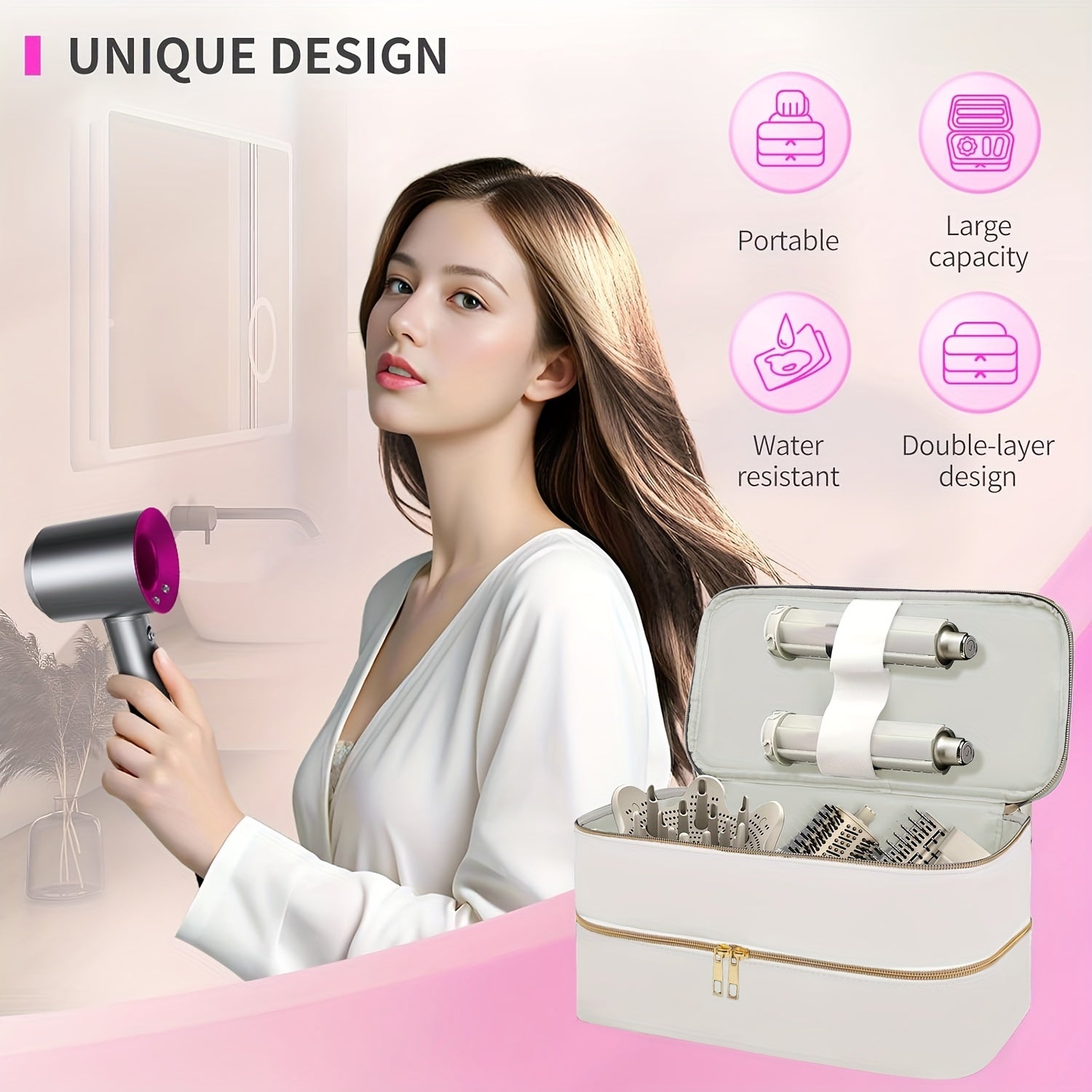 Estuche de secador de pelo de viaje unisex con bolsa organizadora a prueba de agua, resistente a arañazos y de doble capa en blanco, negro y azul