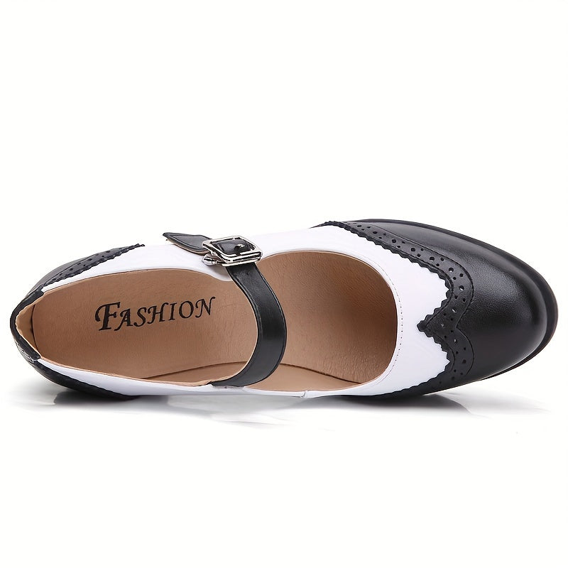 Women's Chunky Heel Brogue Pumps All-Match Classic Buckle Strap Office Shoes