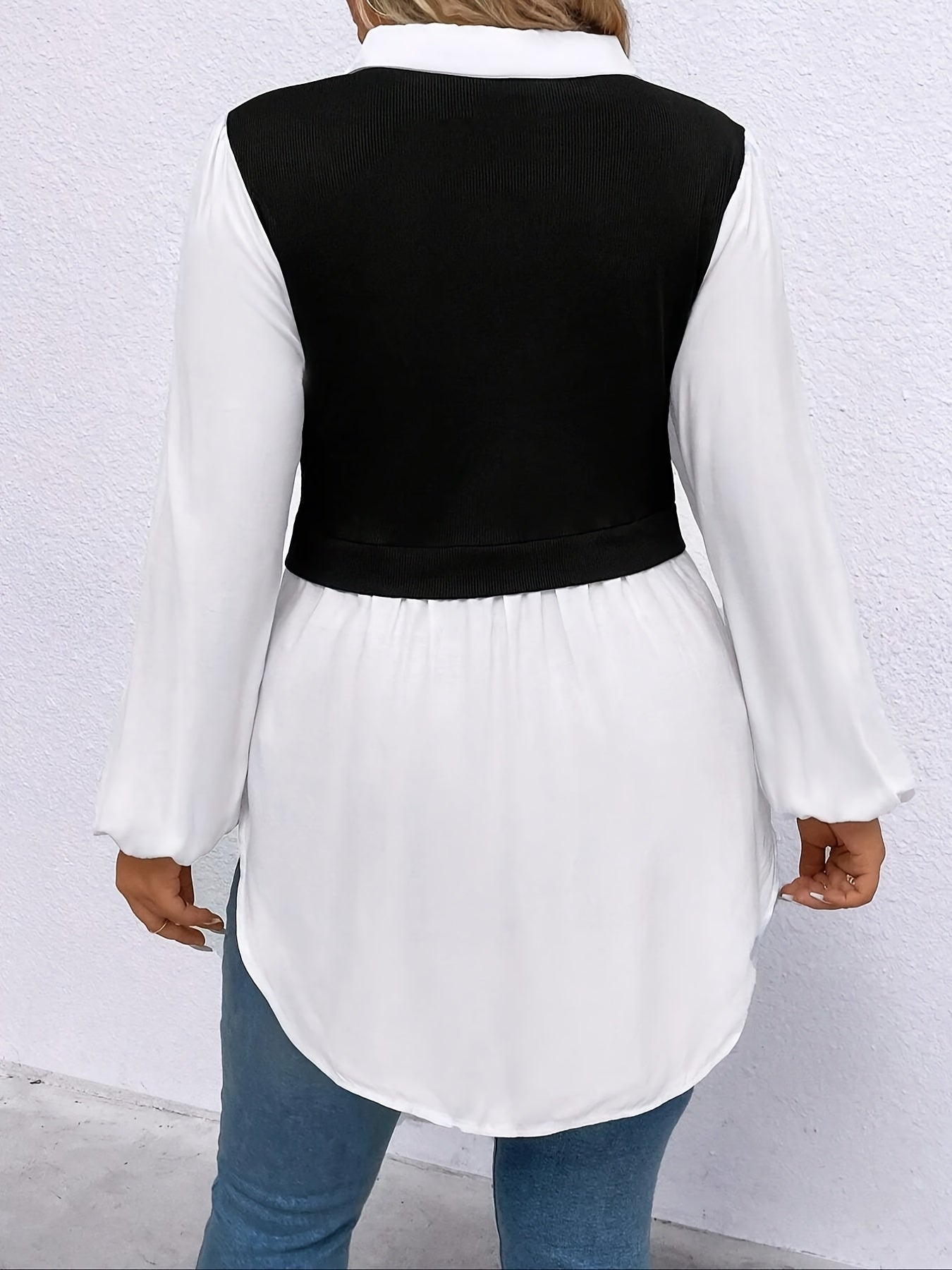 Plus Size Colorblock 2-in-1 Blouse Long Sleeve Lapel Casual Spring Fall