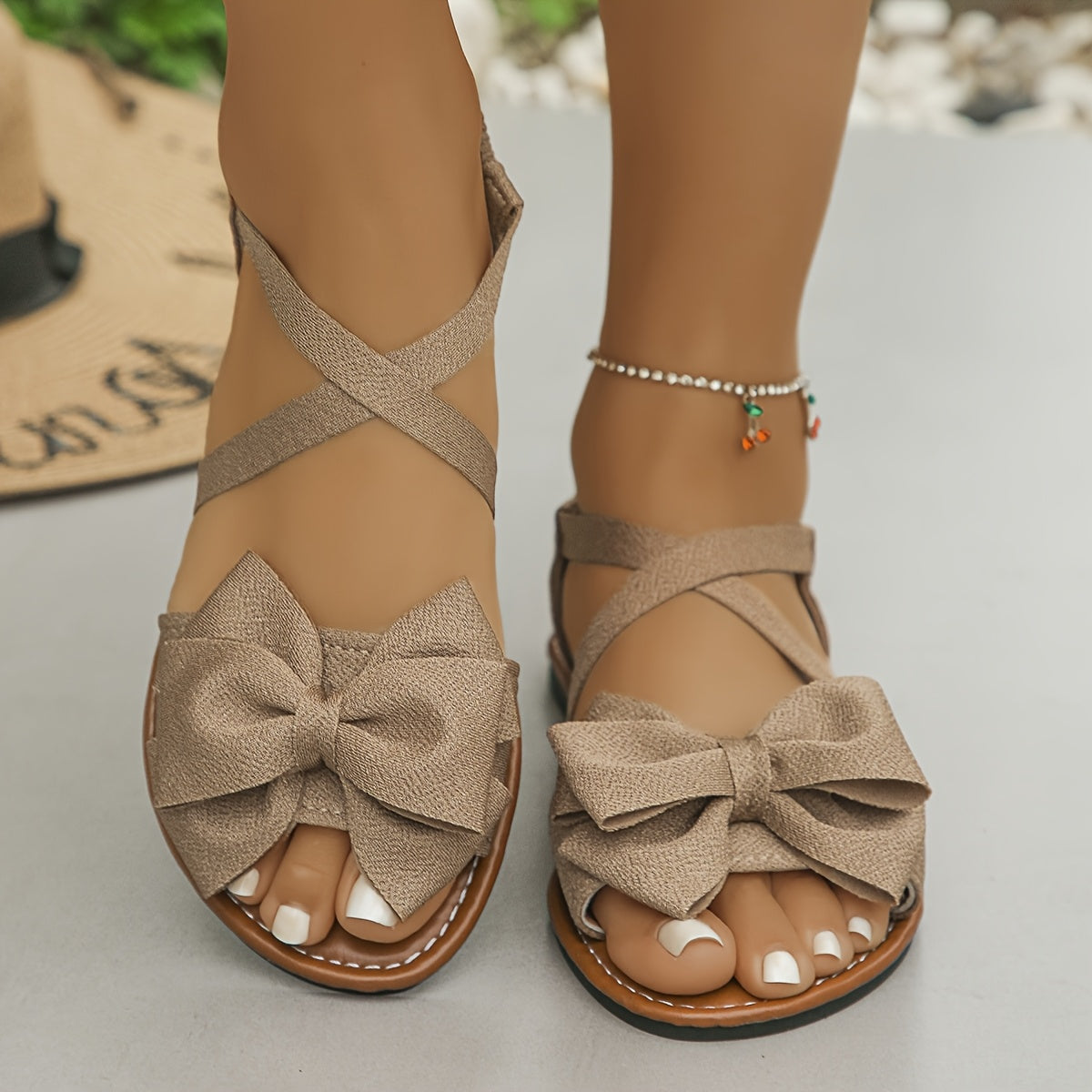 Women's Bowknot Strappy Flat Sandals Solid Color Fabric Summer Shoes