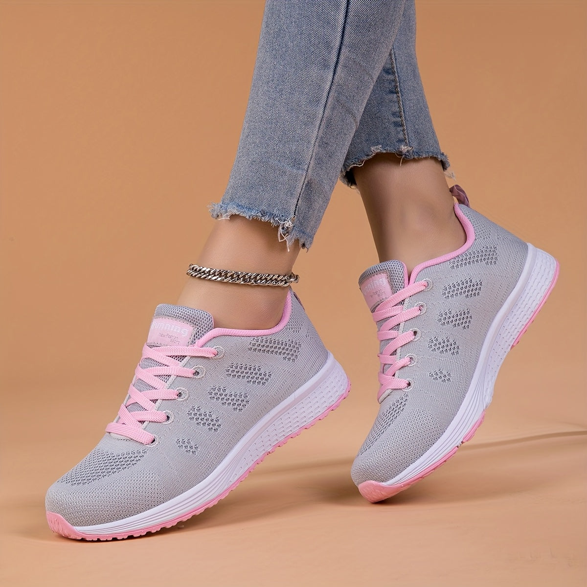 Women's Breathable Mesh Running Shoes Casual Sneakers Pink Gray Lightweight