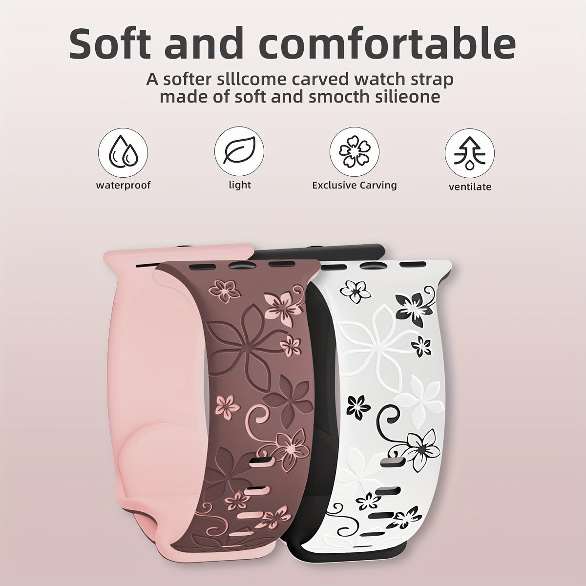 Ayollar uchun turli o'lchamlarda iWatch uchun gullar bilan o'yilgan silikon sport tasma.