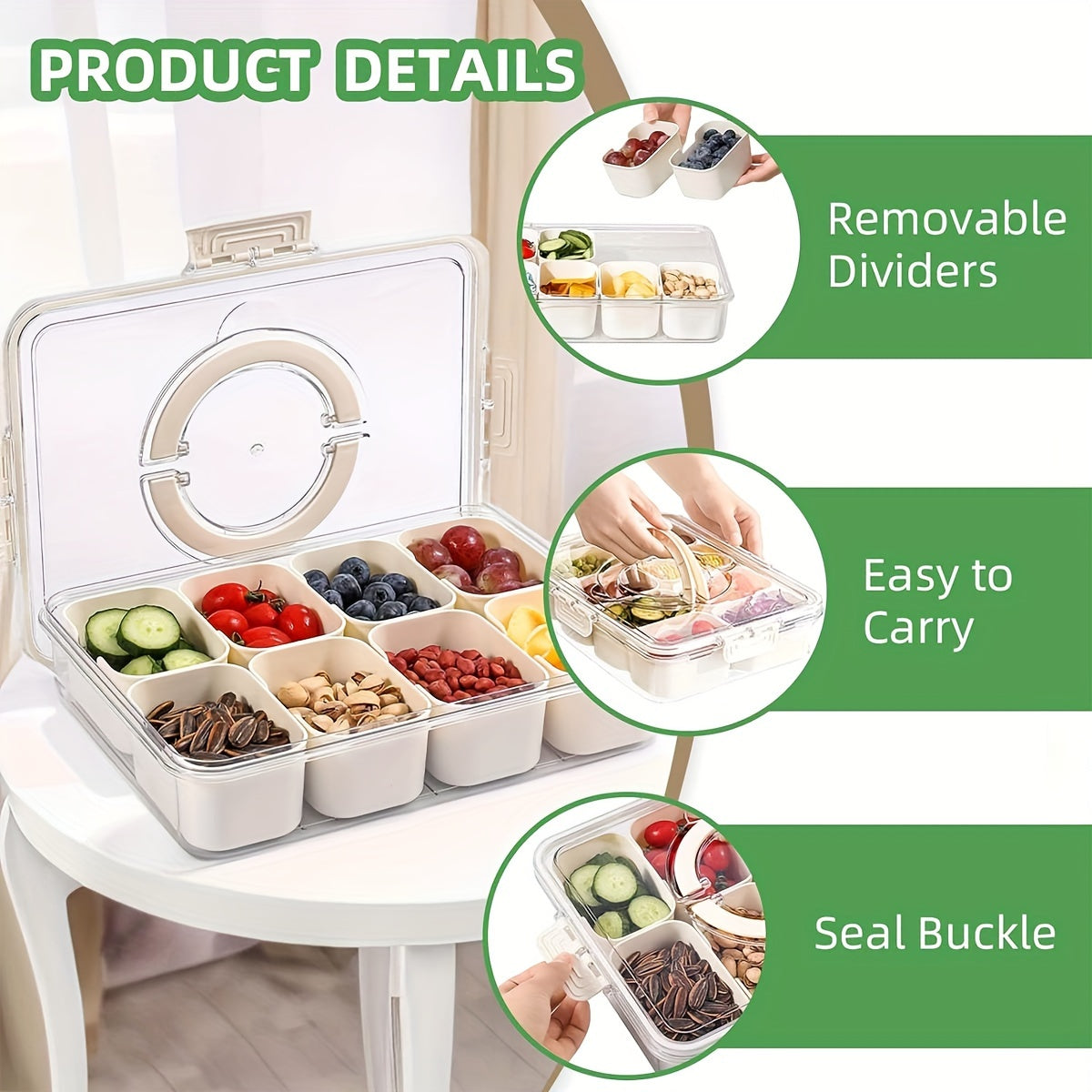 Square Food Storage Lunch Box with 4/8/9 Compartments and Handles Plastic Tray