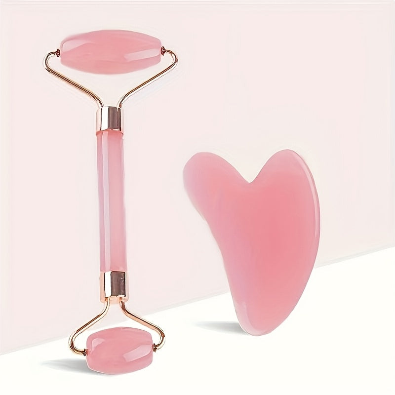 Pink Gua Sha Facial Massage Tool Kit with Scraping Roller and Board for Facial Massage
