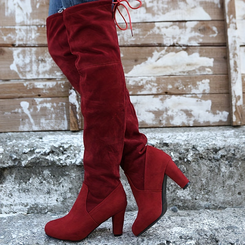 Women's Solid Color Long Boots Over Knee Round Toe Chunky Heel Casual Shoes