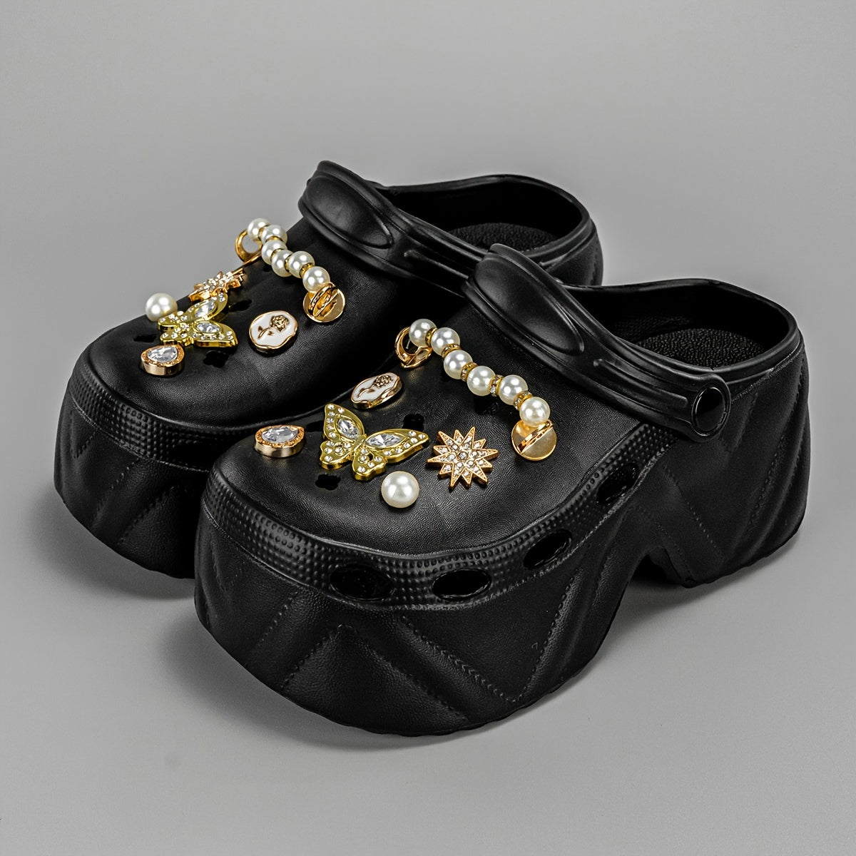 Women Glitter Embellished Mules Clogs Pearls Butterflies EVA Platform Heels