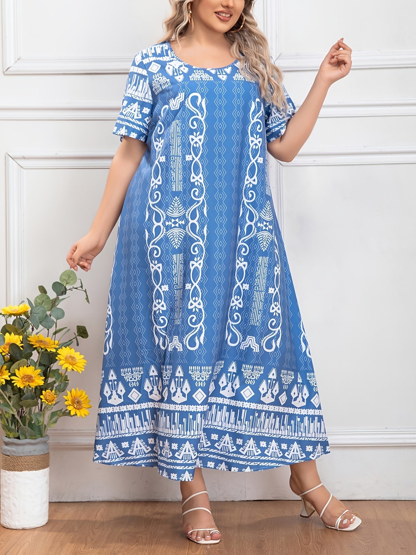 Women's Plus Size Tunic Dress Polyester Middle Eastern Print Casual All-Season
