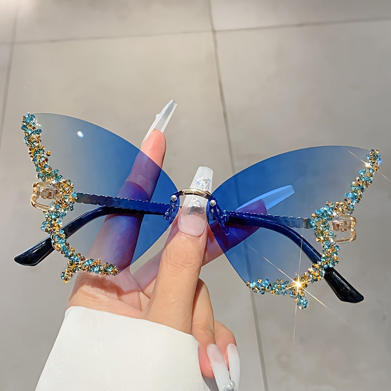 Women's Butterfly Rimless Fashion Glasses with Rhinestones for Costume Parties and Proms