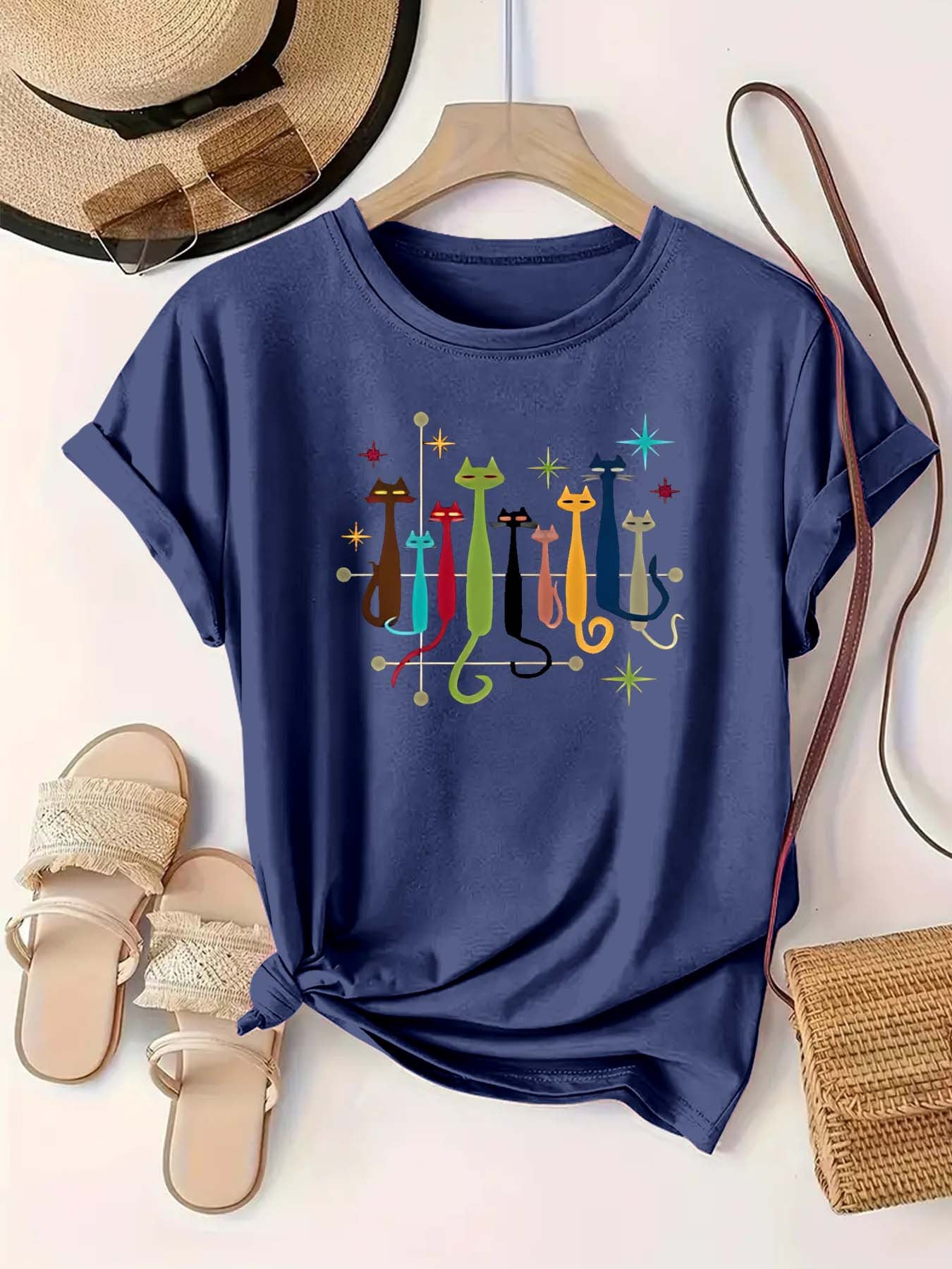 Camiseta casual de poliéster para mujer talla grande con estampado de gato de dibujos animados colorido