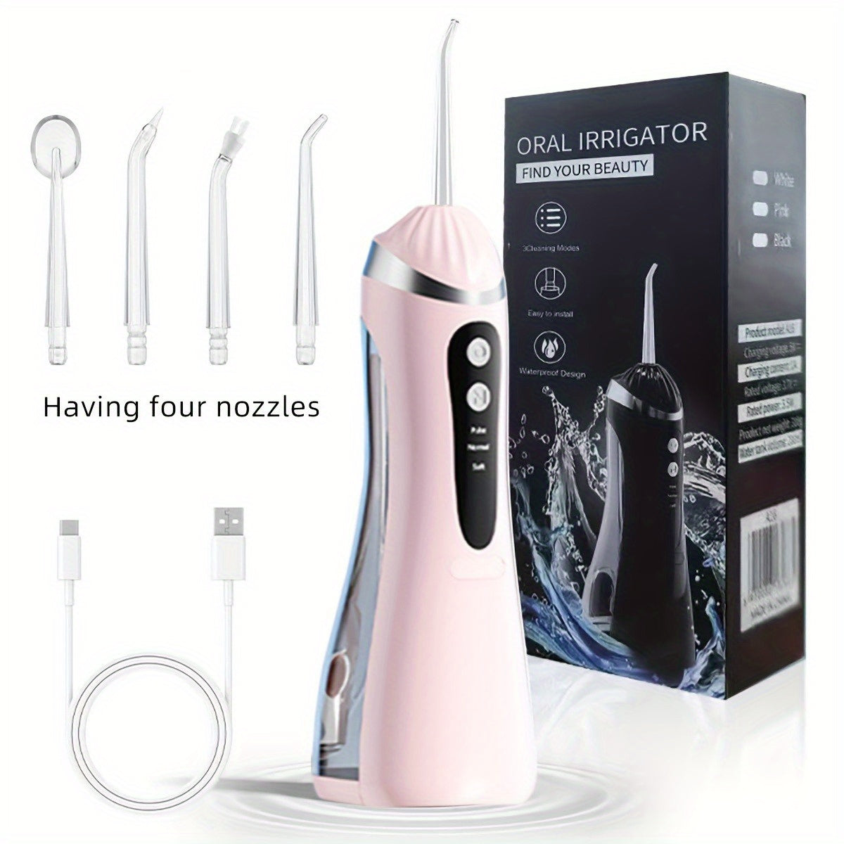 Rechargeable Electric Dental Flosser with 4 Nozzles 3 Modes Large Water Tank High Pressure
