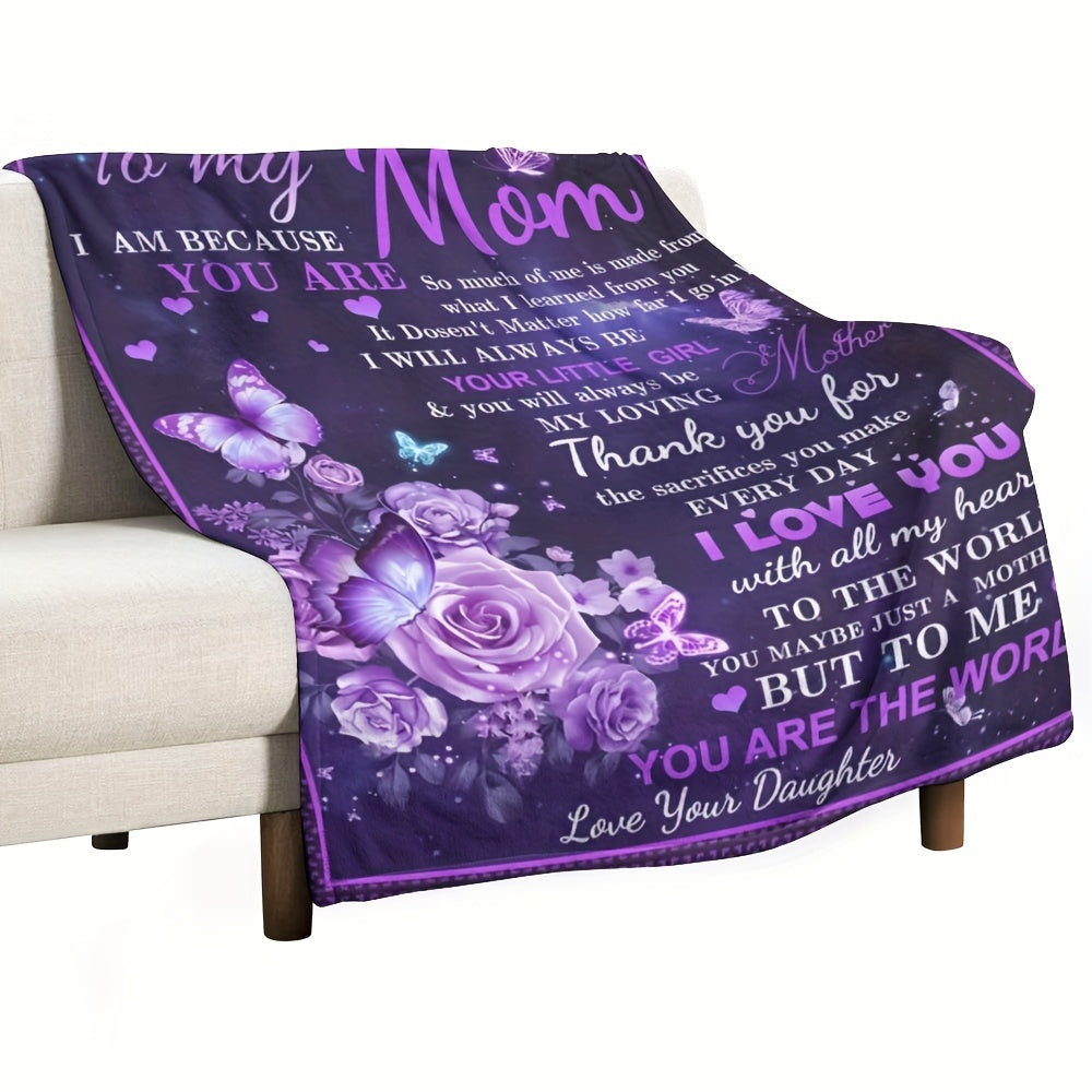 Purple Flowers and Butterfly Print Throw Blanket Soft Warm Gift for Mom