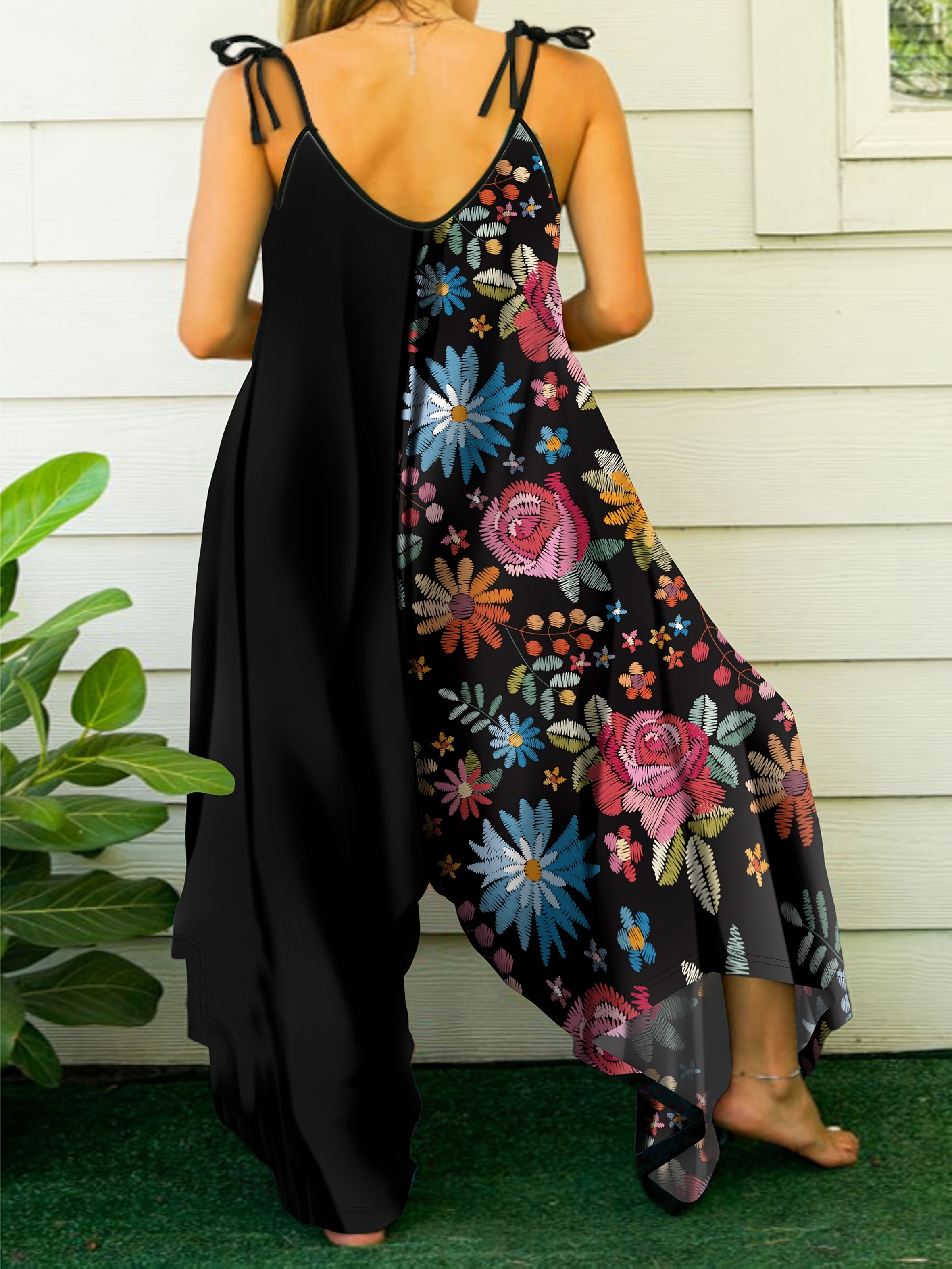 Plus Size Women's Floral Print Jumpsuit Polyester Spandex Slim Fit Summer Dress