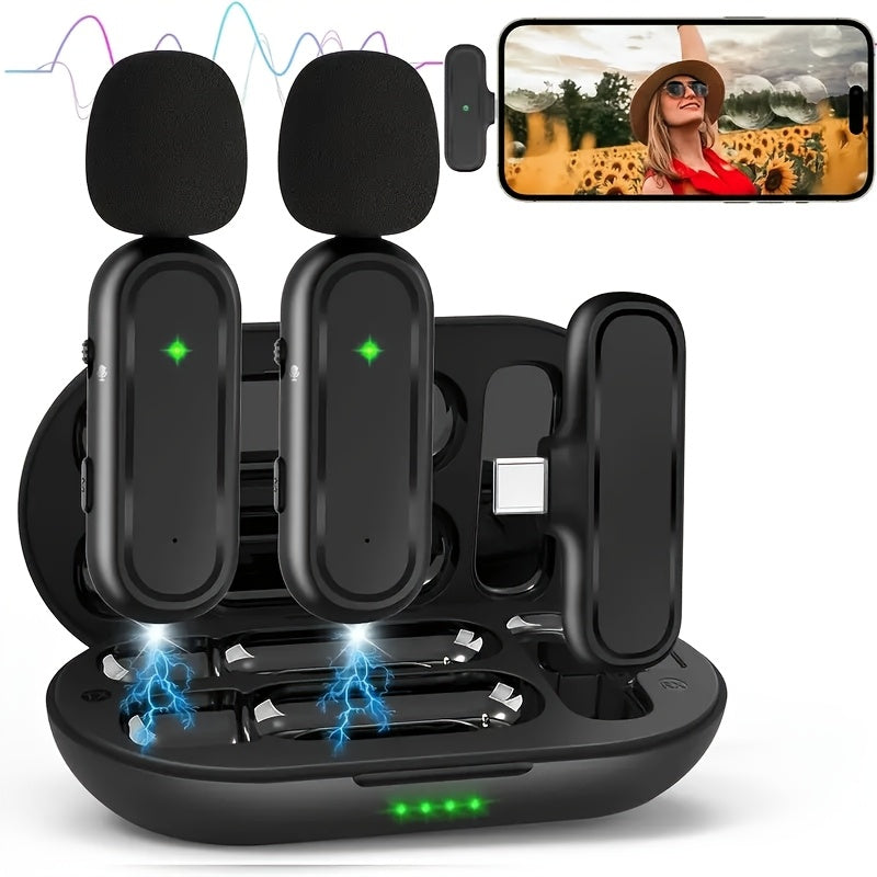 Android, iPhone, iPad bilan mos keladigan 2 ta simsiz bo'yin mikrofon. Zaryadlash bo'limi, YouTube, yozuv, vlog, Facebook Live uchun shovqinni bekor qiluvchi klip-on bo'yin mikrofoni o'z ichiga oladi.