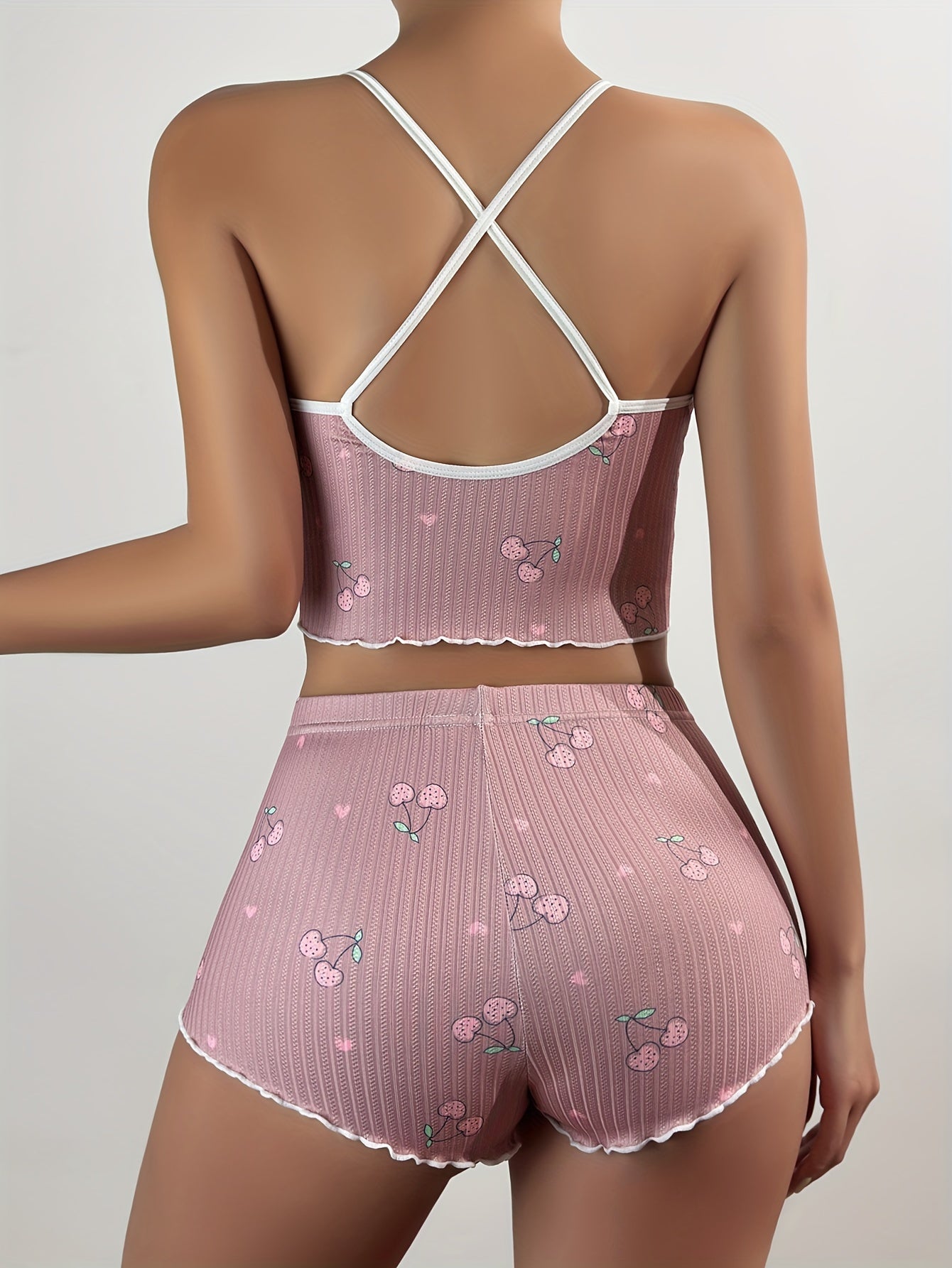 Women's Heart Print Pajama Set with Bow Knot Crop Cami Top and Elastic Shorts for Valentine's Day Sleepwear