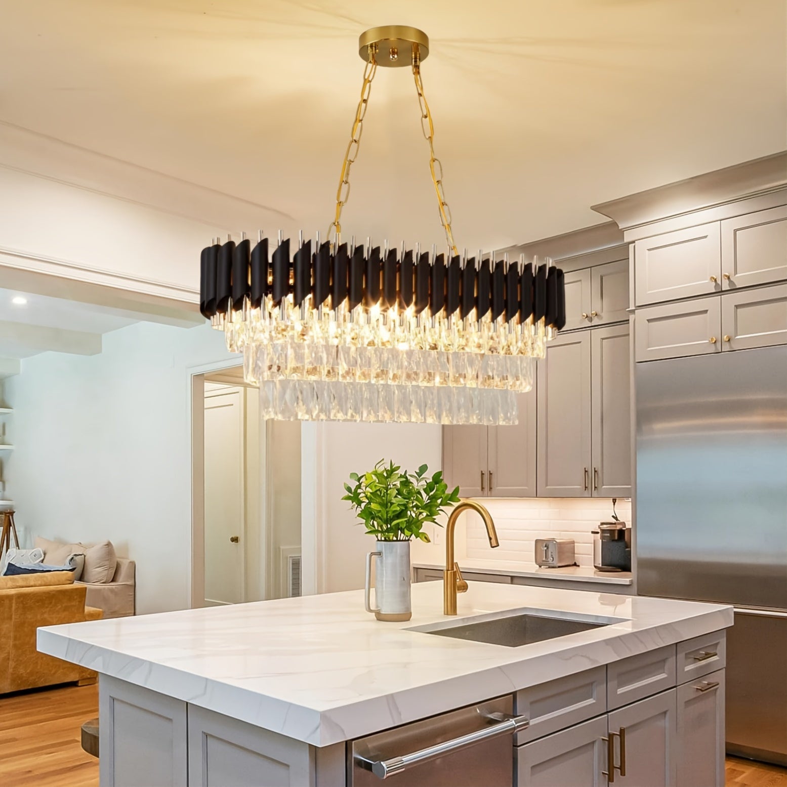 8-Chiroyli qora va oltin chandalier oshxona oroli uchun, ovqat xonasi, 32 dyuymli oval yarim yopiq o'rnatish